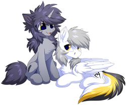 Size: 1200x999 | Tagged: safe, artist:hioshiru, oc, oc only, oc:kate, oc:kej, species:pegasus, species:pony, species:unicorn, cheek fluff, chest fluff, ear fluff, female, fluffy, folded wings, horn, k+k, male, mare, oc x oc, open mouth, shipping, simple background, sitting, smiling, stallion, straight, transparent background, wings