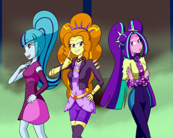 Size: 2000x1600 | Tagged: safe, artist:jake heritagu, character:adagio dazzle, character:aria blaze, character:sonata dusk, episode:find the magic, g4, my little pony: equestria girls, my little pony:equestria girls, spoiler:eqg series (season 2), bracelet, clothing, jacket, jewelry, leather jacket, pigtails, polka dots, ponytail, shorts, spiked headband, the dazzlings, twintails