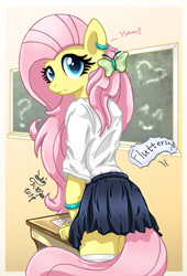 Size: 950x1400 | Tagged: safe, artist:joakaha, character:fluttershy, species:anthro, species:pegasus, g4, chalkboard, clothing, cute, female, looking back, mare, school uniform, shyabetes, signature, solo, three quarter view, wingless, wingless anthro