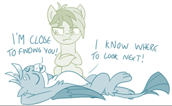 Size: 759x469 | Tagged: safe, artist:sintakhra, character:gallus, character:sandbar, species:earth pony, species:griffon, species:pony, tumblr:studentsix, chest fluff, cropped, eyes closed, male, paws, sandbar is not amused, tail