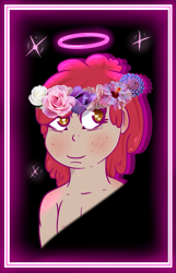 Size: 643x1000 | Tagged: safe, artist:lazerblues, oc, oc only, oc:pear, parent:apple bloom, satyr, blushing, floral head wreath, flower, offspring, solo