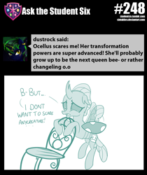Size: 800x952 | Tagged: safe, artist:sintakhra, character:ocellus, species:changeling, species:reformed changeling, tumblr:studentsix, chair, crying, fake cutie mark, female, flying, good intentions gone wrong, post-it, sad, solo
