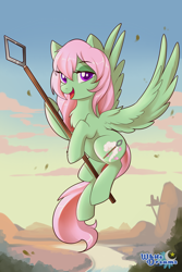 Size: 2000x3000 | Tagged: safe, artist:xwhitedreamsx, oc, oc only, oc:spectral wind, species:pegasus, species:pony, female, flying, high res, lidded eyes, mare, open mouth, scenery, solo, spear, weapon