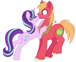 Size: 900x741 | Tagged: safe, artist:scarlet-spectrum, character:big mcintosh, character:starlight glimmer, species:earth pony, species:pony, species:unicorn, ship:glimmermac, blushing, butt, crack shipping, dock, female, kissing, male, mare, plot, shipping, simple background, smiling, stallion, straight, transparent background