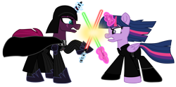 Size: 15136x7436 | Tagged: safe, artist:ejlightning007arts, character:tempest shadow, character:twilight sparkle, character:twilight sparkle (alicorn), species:alicorn, species:pony, crossover, darth vader, fake horn, fight, lightsaber, luke skywalker, magic, return of the jedi, simple background, star wars, telekinesis, transparent background, vector, weapon