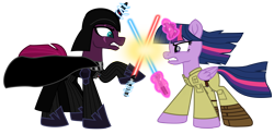 Size: 15136x7436 | Tagged: safe, artist:ejlightning007arts, character:tempest shadow, character:twilight sparkle, character:twilight sparkle (alicorn), species:alicorn, species:pony, crossover, darth vader, fake horn, fight, lightsaber, luke skywalker, magic, simple background, star wars, telekinesis, the empire strikes back, transparent background, vector, weapon