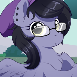 Size: 2000x2000 | Tagged: safe, artist:xwhitedreamsx, oc, oc only, oc:nightshade (pegasus), species:pegasus, species:pony, beanie, chest fluff, clothing, commission, ear fluff, ear piercing, earring, glasses, hat, jewelry, looking at you, piercing, solo