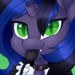 Size: 3000x3000 | Tagged: safe, artist:scarlet-spectrum, oc, oc:kuro, species:bat pony, species:pony, bat pony oc, bleb, broken horn, clothing, collar, cute, horn, maid, tongue out