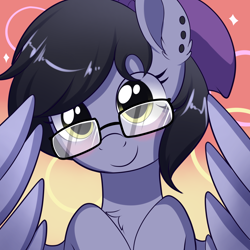 Size: 2000x2000 | Tagged: safe, artist:xwhitedreamsx, oc, oc only, oc:nightshade (pegasus), species:pegasus, species:pony, beanie, blushing, chest fluff, clothing, ear fluff, ear piercing, earring, glasses, hat, jewelry, looking at you, piercing, solo, wings