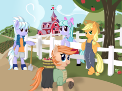 Size: 4000x3000 | Tagged: safe, artist:phoenixswift, artist:sintakhra, character:applejack, character:cloudchaser, character:flitter, oc, oc:ladybug, species:pony, bipedal, bipedal leaning, clothing, harvest moon, leaning, overalls