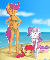 Size: 1400x1690 | Tagged: safe, artist:neko-me, character:apple bloom, character:scootaloo, character:sweetie belle, species:anthro, species:earth pony, species:pegasus, species:pony, species:unguligrade anthro, species:unicorn, apple bloomers, apple buruma project, armpits, beach, belly button, bikini, breasts, busty scootaloo, busty sweetie belle, cleavage, clothing, cutie mark crusaders, digged in, eyes closed, female, frilled swimsuit, happy, mare, ocean, older, older apple bloom, older scootaloo, older sweetie belle, one-piece swimsuit, outdoors, sand, side-tie bikini, small breasts, smiling, summer, swimsuit, trio, trio female