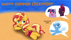 Size: 3840x2160 | Tagged: safe, artist:ejlightning007arts, artist:sinkbon, character:fizzlepop berrytwist, character:sunset shimmer, character:tempest shadow, character:trixie, character:twilight sparkle, species:pony, species:unicorn, ship:sunsetsparkle, beach, bikini, bikini top, broken horn, clothing, dialogue, draw me like one of your french girls, equestria girls outfit, female, heart, heart eyes, horn, implied lesbian, implied shipping, implied tempestlight, lesbian, mare, sarong, shipping, speech bubble, swimsuit, tempestlightshimmer, tempestshimmer, wingding eyes
