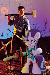 Size: 500x750 | Tagged: safe, artist:ejlightning007arts, character:starlight glimmer, species:human, species:pony, species:unicorn, ash williams, axe, bipedal, chainsaw, clothing, crossover, evil dead, gun, torn clothes, weapon