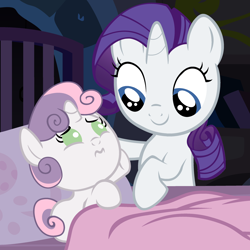Size: 2800x2800 | Tagged: safe, artist:beavernator, character:rarity, character:sweetie belle, species:pony, 3:, baby, baby belle, baby pony, bed, blanket, cute, filly, foal, frown, pillow, sad, scared, smiling