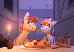 Size: 3508x2480 | Tagged: safe, artist:underpable, character:rainbow dash, oc, oc:skittle, species:pony, canon x oc, commission, duo, female, food, lady and the tramp, male, movie reference, parody, pasta, reference, skidash, spaghetti, straight