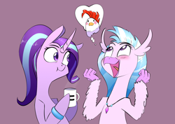 Size: 3508x2480 | Tagged: safe, artist:underpable, character:edith, character:silverstream, character:starlight glimmer, species:hippogriff, species:pony, species:unicorn, newbie artist training grounds, episode:student counsel, :t, blushing, bracelet, cute, diastreamies, duo, jewelry, mug, necklace, simple background