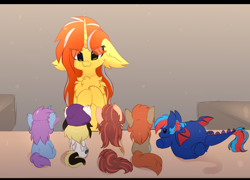Size: 2184x1576 | Tagged: safe, artist:little-sketches, oc, oc only, oc:centreus feathers, oc:cinderheart, oc:cottonwood kindle, oc:mobian, oc:rory gigabyte, oc:winterlight, species:dracony, species:pony, species:unicorn, beanie, chest fluff, clothing, ear fluff, eye clipping through hair, female, floppy ears, fluffy, grin, hat, hybrid, mare, plushie, rubbing hooves, shelf, smiling, this will end in balloons, voodoo doll