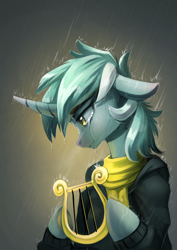 Size: 2480x3508 | Tagged: safe, artist:underpable, character:lyra heartstrings, species:pony, species:unicorn, fanfic:background pony, newbie artist training grounds, clothing, crying, dig the swell hoodie, female, floppy ears, hoodie, human shoulders, lyre, mare, profile, rain, sad, scarf, semi-anthro, solo, teary eyes, wet