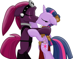 Size: 10800x8756 | Tagged: safe, artist:ejlightning007arts, character:tempest shadow, character:twilight sparkle, character:twilight sparkle (alicorn), species:alicorn, species:pony, species:unicorn, ship:tempestlight, bipedal, broken horn, crossover, eye scar, female, horn, kissing, lesbian, oola, princess leia, scar, shipping, simple background, slave, slave leia outfit, star wars, transparent background