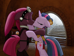 Size: 3059x2298 | Tagged: safe, artist:ejlightning007arts, character:tempest shadow, character:twilight sparkle, character:twilight sparkle (alicorn), species:alicorn, species:pony, ship:tempestlight, bipedal, crossover, female, jabba's palace, kissing, lesbian, oola, princess leia, return of the jedi, shipping, slave, slave leia outfit, star wars