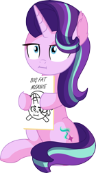 Size: 5012x8944 | Tagged: safe, artist:cyanlightning, character:starlight glimmer, species:pony, species:unicorn, .svg available, absurd resolution, big fat meanie, canvas, chest fluff, cute, ear fluff, female, frown, holding, i mean i see, mare, new student starfish, simple background, sitting, solo, spongebob squarepants, transparent background, unamused, vector