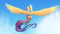 Size: 3840x2160 | Tagged: safe, artist:underpable, character:scootaloo, species:pegasus, species:pony, newbie artist training grounds, 4k, atg 2019, back, big wings, both cutie marks, clothing, female, flying, high res, looking at you, looking back, looking back at you, scootaloo can fly, smiling, solo, spread wings, underhoof, uniform, wallpaper, wings, wonderbolt trainee uniform