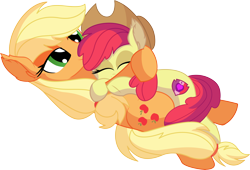 Size: 8097x5505 | Tagged: safe, artist:cyanlightning, character:apple bloom, character:applejack, species:earth pony, species:pony, .svg available, absurd resolution, adorabloom, clothing, cute, duo, eyes closed, female, filly, hat, holding, hug, jackabetes, lidded eyes, mare, siblings, simple background, sisterly love, sisters, sitting, transparent background, vector