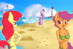Size: 1800x1200 | Tagged: safe, artist:neko-me, character:apple bloom, character:scootaloo, character:sweetie belle, species:anthro, species:pegasus, species:pony, apple bloomers, ass, beach, belly button, bikini, breasts, busty apple bloom, busty scootaloo, busty sweetie belle, butt, clothing, cloud, cutie mark crusaders, lighthouse, midriff, older, one-piece swimsuit, question mark, sky, swimsuit