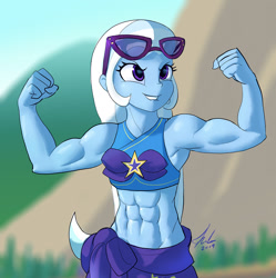 Size: 1088x1094 | Tagged: safe, artist:grissaecrim, character:trixie, equestria girls:forgotten friendship, g4, my little pony: equestria girls, my little pony:equestria girls, abs, armpits, belly button, biceps, bikini, bikini top, clothing, female, flexing, grand and muscular trixie, midriff, misleading thumbnail, muscles, sarong, scene interpretation, solo, swimsuit