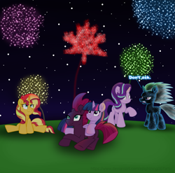 Size: 5633x5575 | Tagged: safe, artist:ejlightning007arts, character:fizzlepop berrytwist, character:starlight glimmer, character:sunset shimmer, character:tempest shadow, character:trixie, character:twilight sparkle, character:twilight sparkle (alicorn), species:alicorn, species:pony, species:unicorn, adorable face, canada, canada day, cute, fireworks, lying down, magical quartet, magical quintet, magical trio, night, shimmerbetes, shocked, sitting, tempestbetes, twiabetes