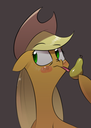 Size: 2480x3508 | Tagged: safe, artist:underpable, character:applejack, species:earth pony, species:pony, newbie artist training grounds, atg 2019, bust, clothing, cowboy hat, dishonorapple, female, floppy ears, food, freckles, hat, licking, mare, pear, portrait, solo, stetson, tongue out