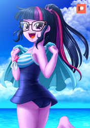 Size: 707x1000 | Tagged: safe, artist:uotapo, character:twilight sparkle, character:twilight sparkle (scitwi), species:eqg human, g4, my little pony: equestria girls, my little pony:equestria girls, adorasexy, ass, barefoot, butt, clothing, cute, feet, female, glasses, happy, looking at you, one-piece swimsuit, open mouth, ponytail, sci-twibutt, sexy, smiling, soles, solo, swimsuit, towel, twiabetes, twibutt