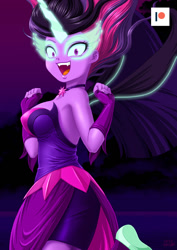 Size: 707x1000 | Tagged: safe, artist:uotapo, character:midnight sparkle, character:twilight sparkle, character:twilight sparkle (scitwi), species:eqg human, equestria girls:friendship games, g4, my little pony: equestria girls, my little pony:equestria girls, bare shoulders, choker, clothing, dress, fangs, female, gloves, glowing horn, horn, jewelry, looking at you, midnight sparkle, necklace, open mouth, patreon, patreon logo, solo
