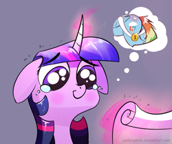 Size: 1200x1006 | Tagged: safe, artist:underpable, edit, character:rainbow dash, character:twilight sparkle, species:pony, ship:twidash, bust, butt, cropped, crying, female, floppy ears, glowing horn, horn, lesbian, magic, mare, medal, plot, scroll, shipping, simple background, smiling, solo, telekinesis, thought bubble