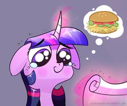 Size: 1200x1006 | Tagged: safe, artist:underpable, edit, character:twilight sparkle, burger, female, floppy ears, food, scroll, solo, twilight burgkle