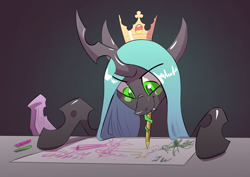 Size: 3508x2480 | Tagged: safe, artist:underpable, character:mean twilight sparkle, character:queen chrysalis, species:changeling, newbie artist training grounds, atg 2019, burger king, changeling queen, crayon, crown, cute, cutealis, dead, drawing, female, fridge art (literally), implied twilight sparkle, jewelry, long tongue, mouth hold, prehensile tongue, quadrupedal, regalia, solo, tongue out, twilog