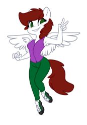 Size: 1988x2874 | Tagged: safe, artist:scarlet-spectrum, oc, oc only, oc:graph travel, species:anthro, species:pegasus, species:pony, anthro oc, armpits, clothing, female, freckles, looking at you, pants, peace sign, shoes, simple background, solo, spread wings, transparent background, vest, wings