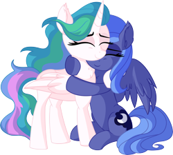 Size: 7052x6356 | Tagged: safe, artist:cyanlightning, character:princess celestia, character:princess luna, species:alicorn, species:pony, .svg available, absurd resolution, awww, cute, duo, ear fluff, eyes closed, female, holding, hug, mare, missing accessory, siblings, simple background, sisterly love, sisters, sitting, smiling, standing, transparent background, vector, weapons-grade cute