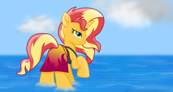 Size: 7340x3900 | Tagged: safe, artist:ejlightning007arts, character:sunset shimmer, species:pony, absurd resolution, beautiful, bunset shimmer, clothing, equestria girls outfit, raised hoof, sarong, swimsuit, water