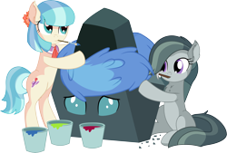 Size: 8942x6054 | Tagged: safe, artist:cyanlightning, character:coco pommel, character:marble pie, character:ocellus, species:changeling, species:earth pony, species:pony, .svg available, absurd resolution, chisel, disguise, disguised changeling, ear fluff, eyes closed, female, holding, mare, mouth hold, paint, painting, rock, rockellus, simple background, standing, this will end in death, this will end in tears, this will end in tears and/or death, this will not end well, transparent background, trio, vector