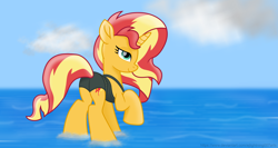 Size: 7340x3900 | Tagged: safe, alternate version, artist:ejlightning007arts, character:sunset shimmer, species:pony, species:unicorn, absurd resolution, beautiful, bunset shimmer, clothing, female, mare, raised hoof, swimsuit, water