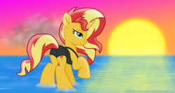 Size: 7340x3900 | Tagged: safe, alternate version, artist:ejlightning007arts, character:sunset shimmer, species:pony, species:unicorn, absurd resolution, beautiful, bunset shimmer, butt, clothing, female, mare, plot, pun, raised hoof, sunset, swimsuit, visual gag, water