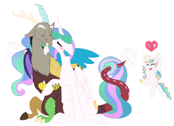 Size: 5360x3883 | Tagged: safe, artist:chub-wub, character:discord, character:princess celestia, oc, species:alicorn, species:draconequus, species:pony, species:unicorn, ship:dislestia, female, holding hooves, intertwined tails, male, shipper on deck, shipping, straight