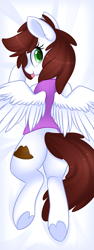 Size: 1124x3000 | Tagged: safe, artist:scarlet-spectrum, oc, oc only, oc:graph travel, species:pegasus, species:pony, bed, clothing, cute, female, freckles, looking at you, mare, solo, spread wings, tongue out, underhoof, vest, wings