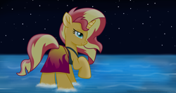 Size: 7340x3900 | Tagged: safe, alternate version, artist:ejlightning007arts, character:sunset shimmer, species:pony, species:unicorn, bedroom eyes, equestria girls outfit, female, mare, night, raised hoof, sarong, solo, sunshine shimmer, water