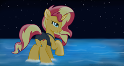 Size: 7340x3900 | Tagged: safe, alternate version, artist:ejlightning007arts, character:sunset shimmer, species:pony, species:unicorn, absurd resolution, beautiful, bedroom eyes, bunset shimmer, butt, clothing, female, mare, night, plot, raised hoof, solo, stars, sunset, swimsuit, water