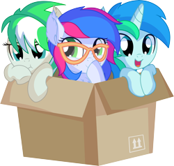 Size: 7312x6969 | Tagged: safe, artist:cyanlightning, oc, oc:azure lightning, oc:cyan lightning, oc:emerald lightning, species:pegasus, species:pony, species:unicorn, .svg available, absurd resolution, blushing, box, brother and sister, clothing, colt, cute, ear fluff, female, filly, glasses, lidded eyes, male, ocbetes, open mouth, pony in a box, scarf, siblings, simple background, smiling, transparent background, trio, vector