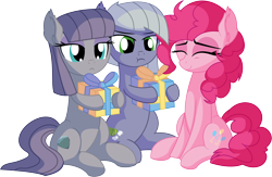 Size: 9180x5990 | Tagged: safe, artist:cyanlightning, character:limestone pie, character:maud pie, character:pinkie pie, species:earth pony, species:pony, .svg available, absurd resolution, ear fluff, eyes closed, female, holding, lidded eyes, mare, mouth hold, present, siblings, simple background, sisters, standing, transparent background, trio, unamused, vector