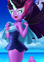 Size: 2894x4093 | Tagged: safe, artist:uotapo, edit, editor:drakeyc, character:midnight sparkle, character:twilight sparkle, character:twilight sparkle (scitwi), species:eqg human, equestria girls:friendship games, g4, my little pony: equestria girls, my little pony:equestria girls, bare shoulders, barefoot, butt, choker, clothing, color edit, colored, cute, fangs, feet, female, glowing horn, horn, jewelry, looking at you, midnight sparkle, midnight sparklebutt, necklace, one-piece swimsuit, open mouth, patreon, sci-twibutt, sexy, skin color edit, smiling, solo, swimsuit, towel, twibutt