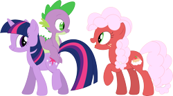 Size: 3584x1993 | Tagged: safe, artist:porygon2z, character:spike, character:twilight sparkle, character:twilight sparkle (unicorn), oc, oc:strawberry fluffcake, species:dragon, species:pony, species:unicorn, dragons riding ponies, riding, simple background, transparent background